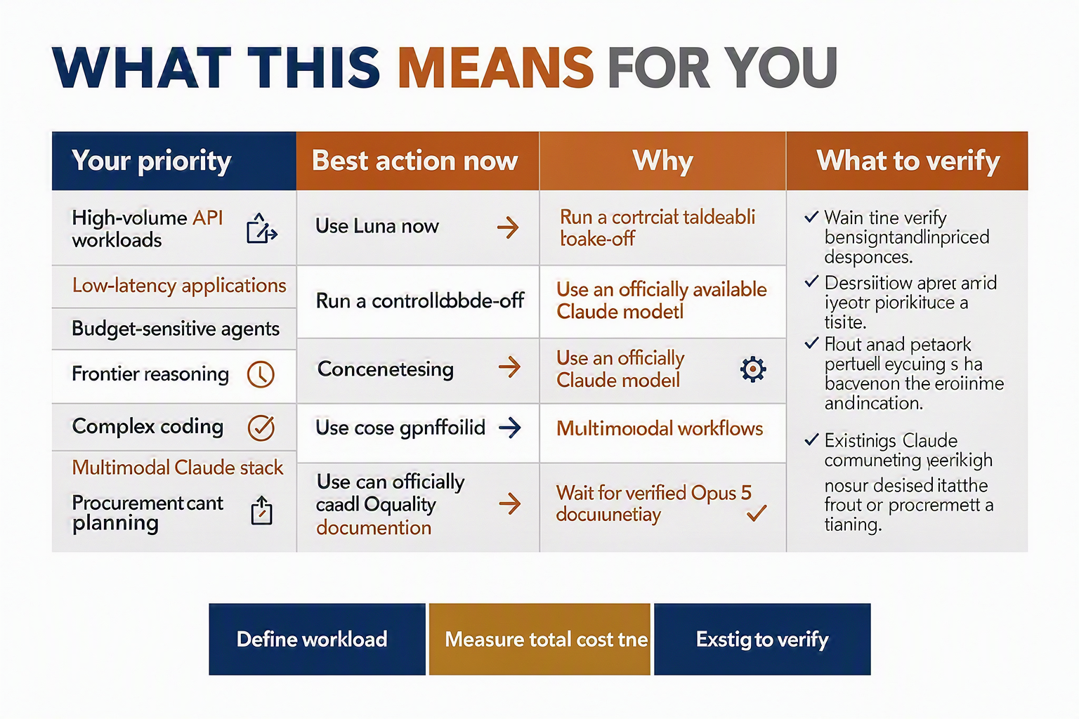 A decision matrix titled WHAT THIS MEANS FOR YOU with columns Your priority, Best action now, Why, and What to verify