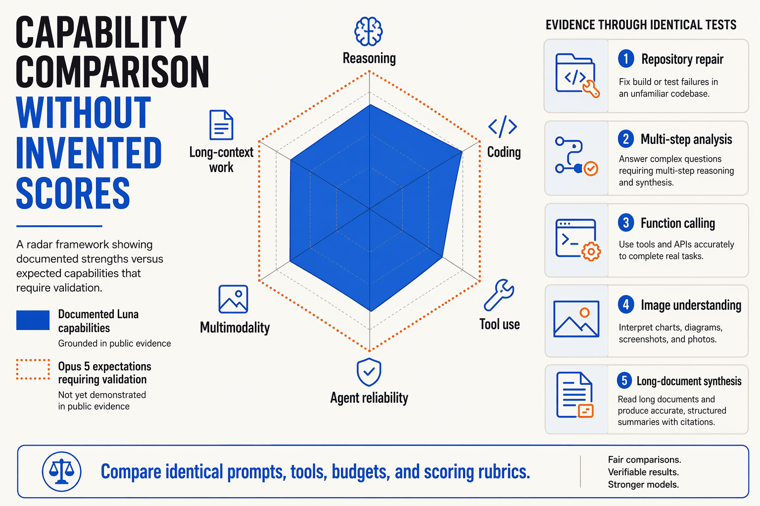 A radar-style capability framework titled CAPABILITY COMPARISON WITHOUT INVENTED SCORES with six labeled axes: Reasoning,