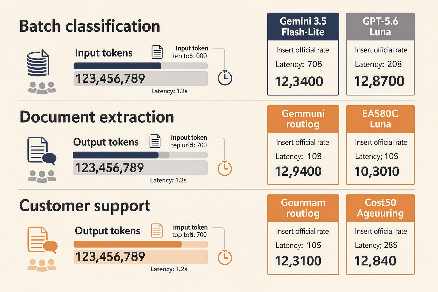 A workload economics infographic with four horizontal scenario bands labeled Batch classification, Document extraction,