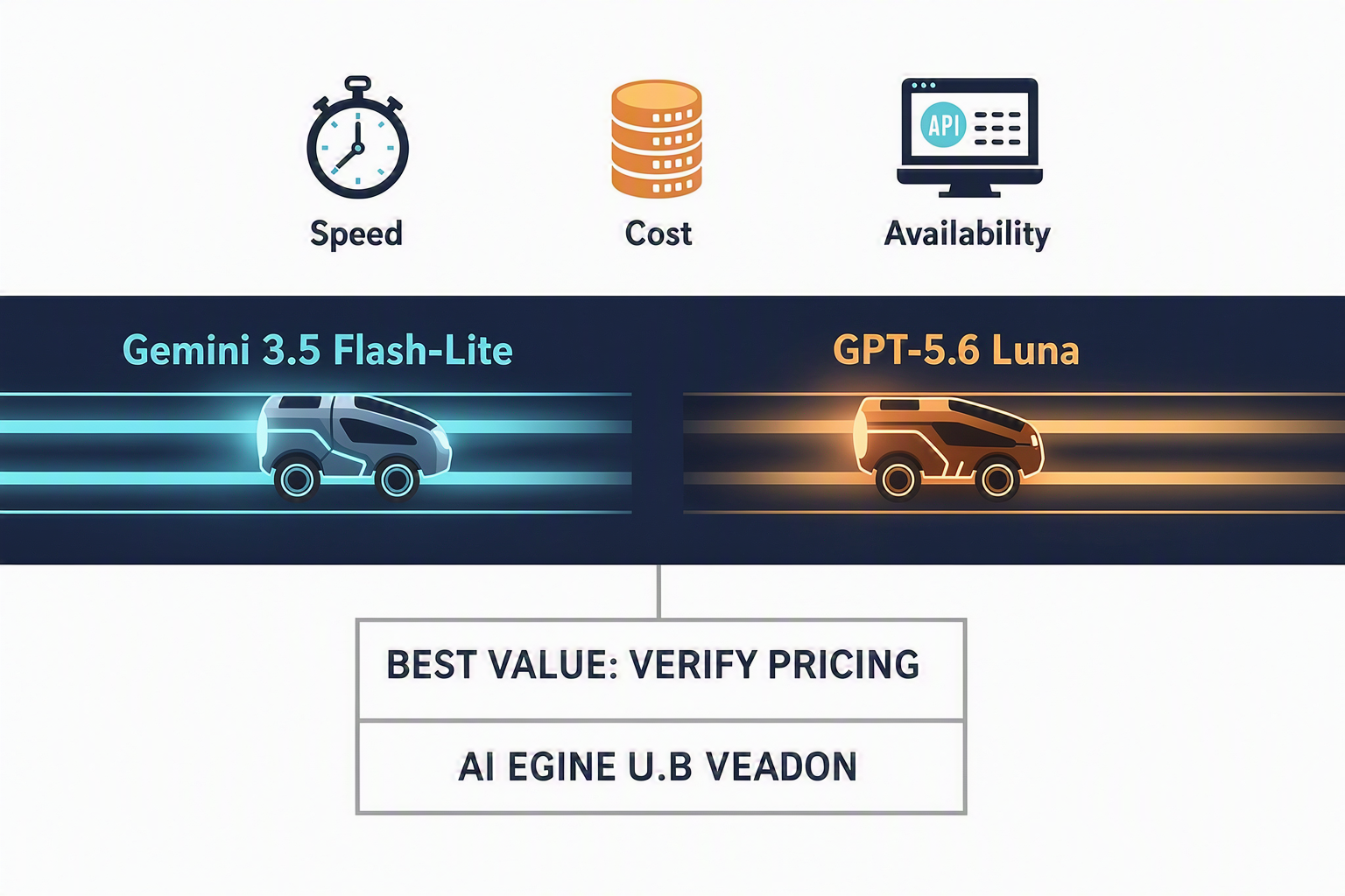 A balanced editorial illustration showing two compact AI engines racing along parallel illuminated tracks through a data