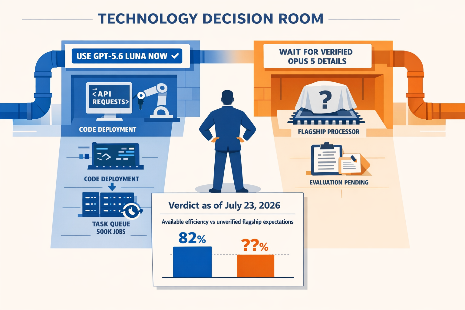 A technology decision room where a product leader stands between two distinct paths: a functioning blue production pipeline
