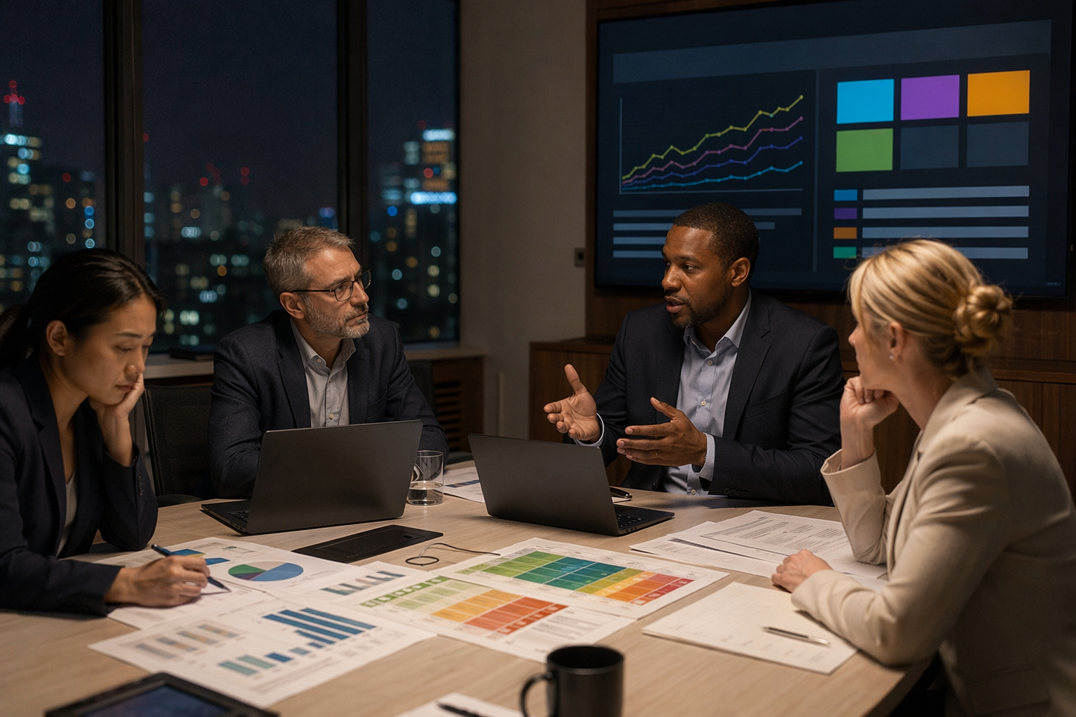 A candid enterprise evaluation scene in a modern conference room overlooking a city at night