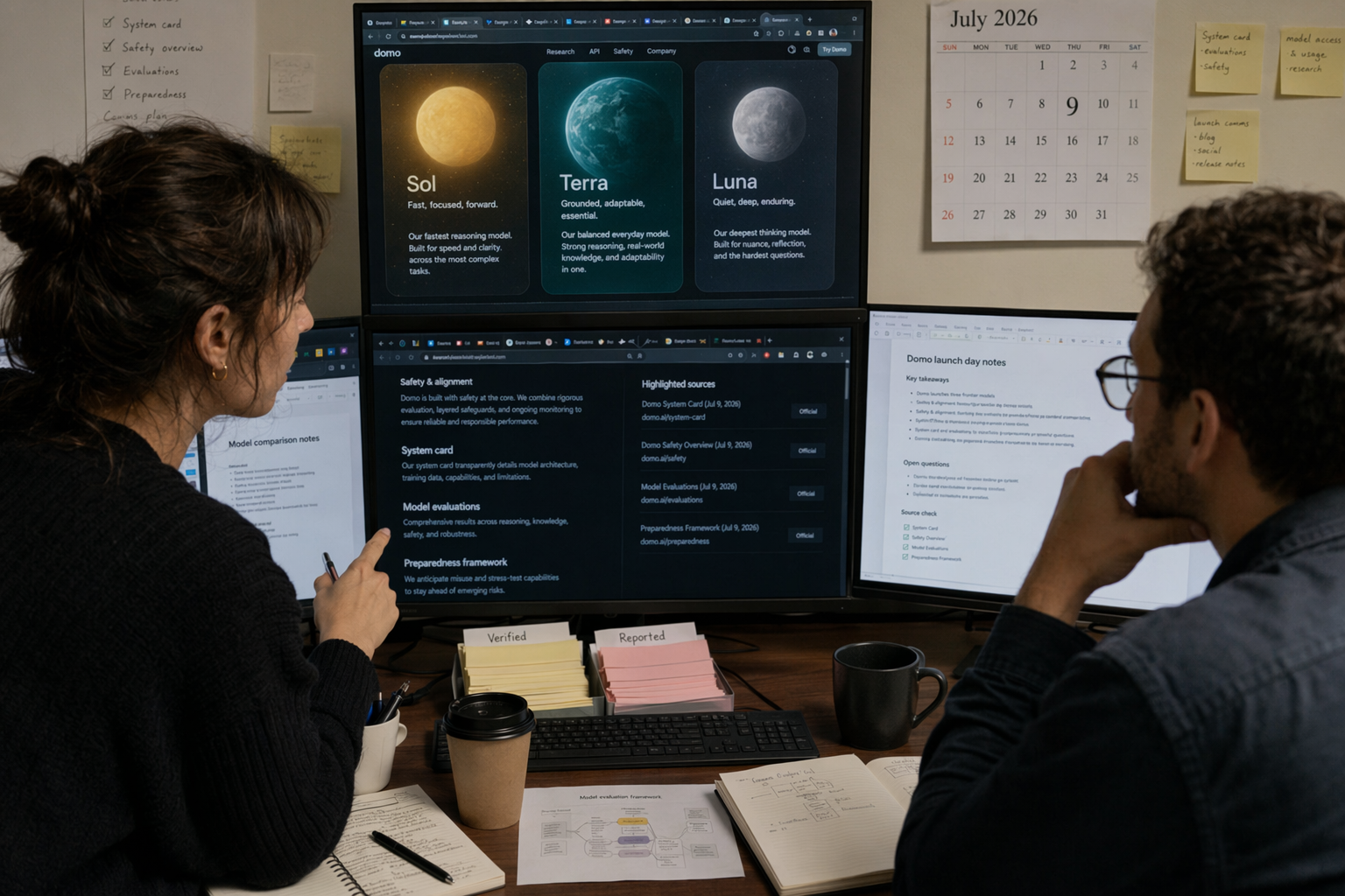 A newsroom-style AI research desk on launch day, with two analysts reviewing official-looking web pages, highlighted source