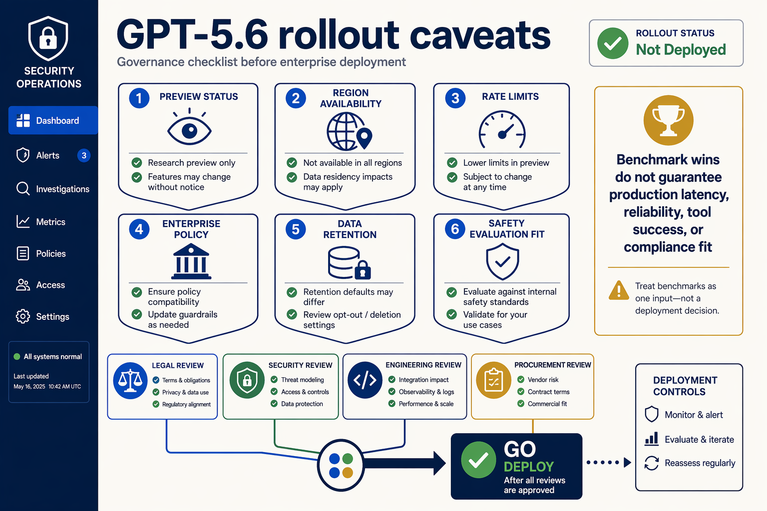 A governance checklist infographic set against a calm enterprise security operations dashboard