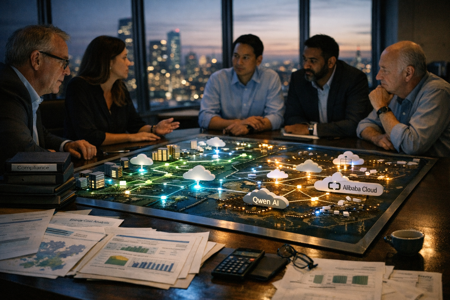 A wide enterprise technology strategy room overlooking a global city at twilight