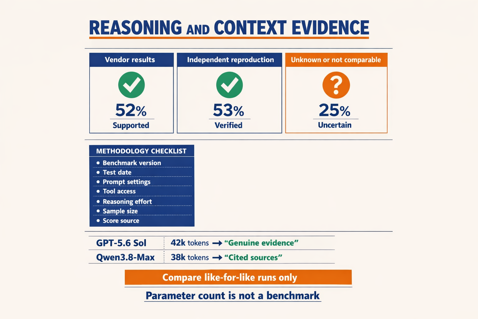 A benchmark audit dashboard titled REASONING AND CONTEXT EVIDENCE with three side-by-side panels labeled Vendor results,