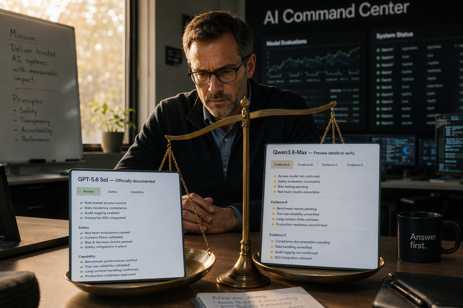 An editorial decision desk inside a modern enterprise AI command center, where a product leader reviews two illuminated