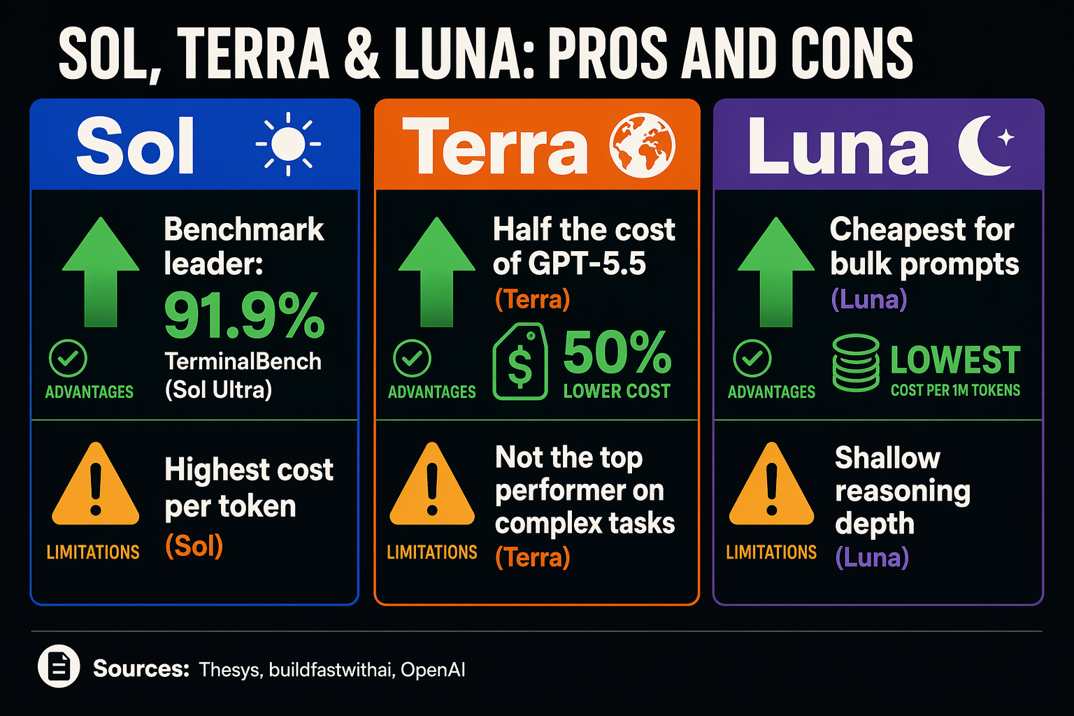 A three-column pros-and-cons matrix infographic with tall headers reading 'Sol', 'Terra', and 'Luna' in distinct colors, the