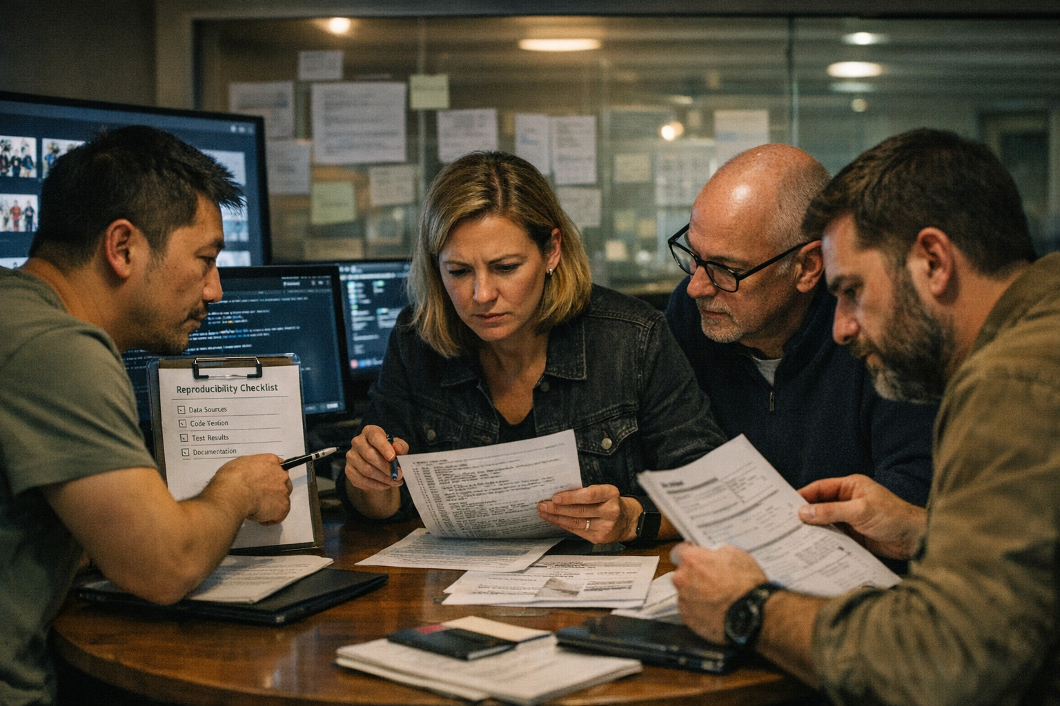 A focused editorial roundtable in a modern research studio, with an AI engineer, product leader, security specialist and