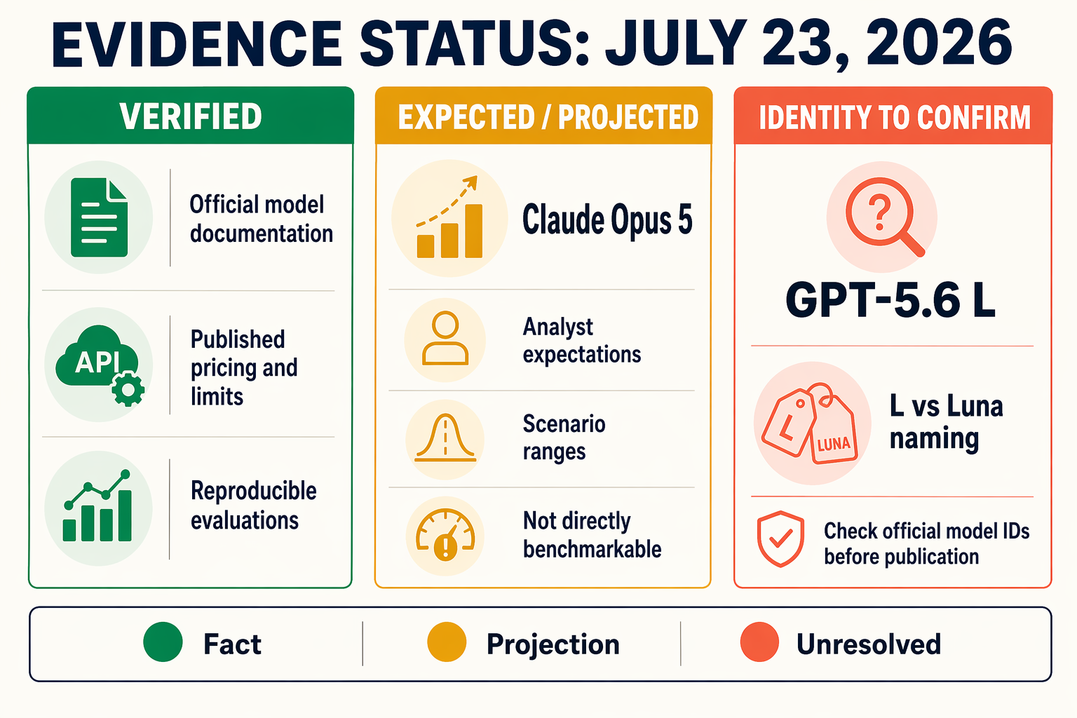 Design a verification framework infographic titled EVIDENCE STATUS: JULY 23, 2026 as three large vertical columns
