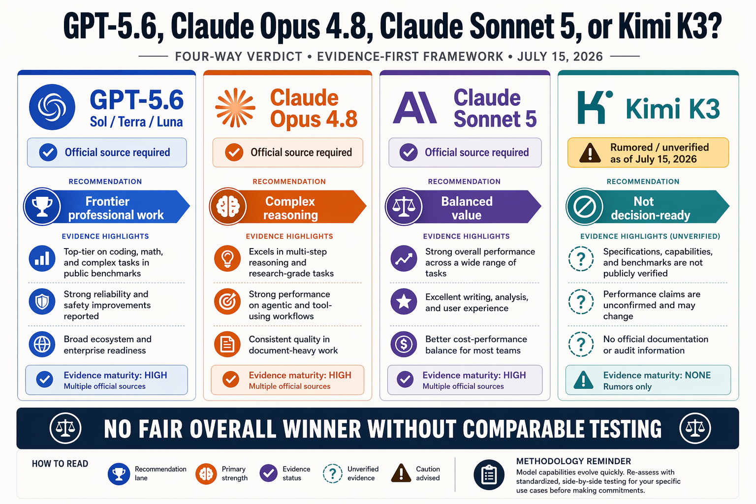 Design a high-clarity four-way verdict infographic with four equal vertical cards arranged left to right: GPT-5.6 Sol /