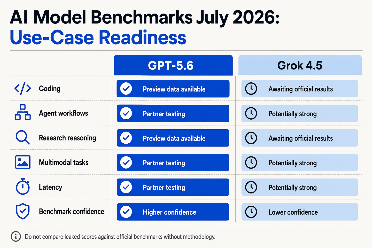 Design a comparison scorecard infographic titled AI Model Benchmarks July 2026: Use-Case Readiness with two vertical score