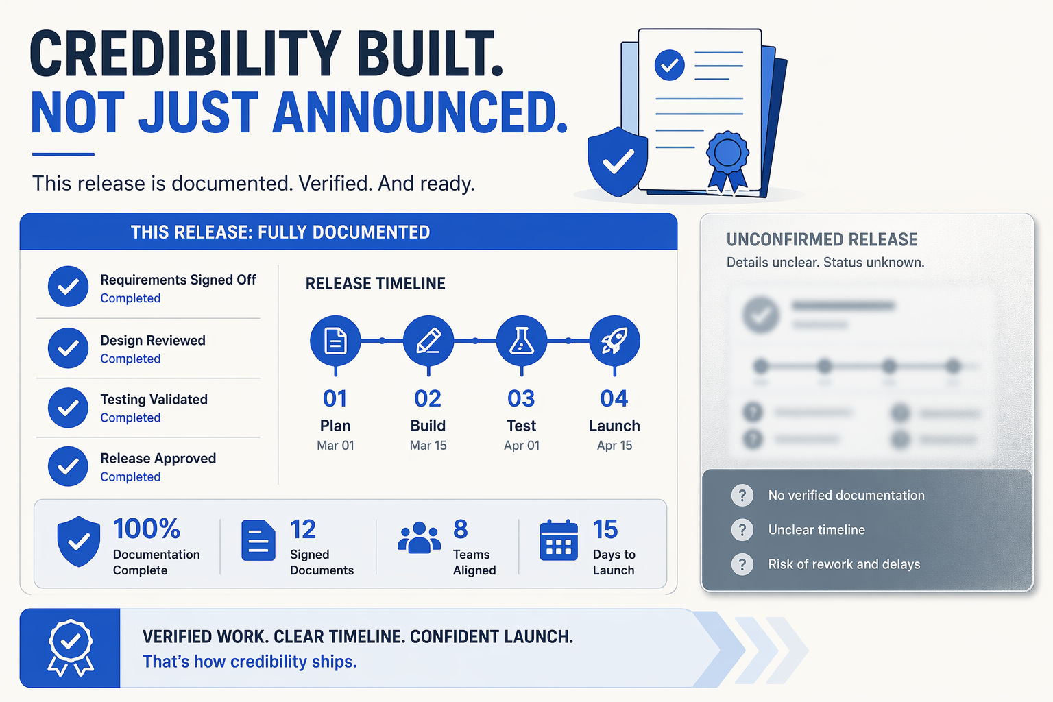 Design a clean status-table infographic titled Release Status: Confirmed vs Rumored with two columns labeled GPT-5.6 and