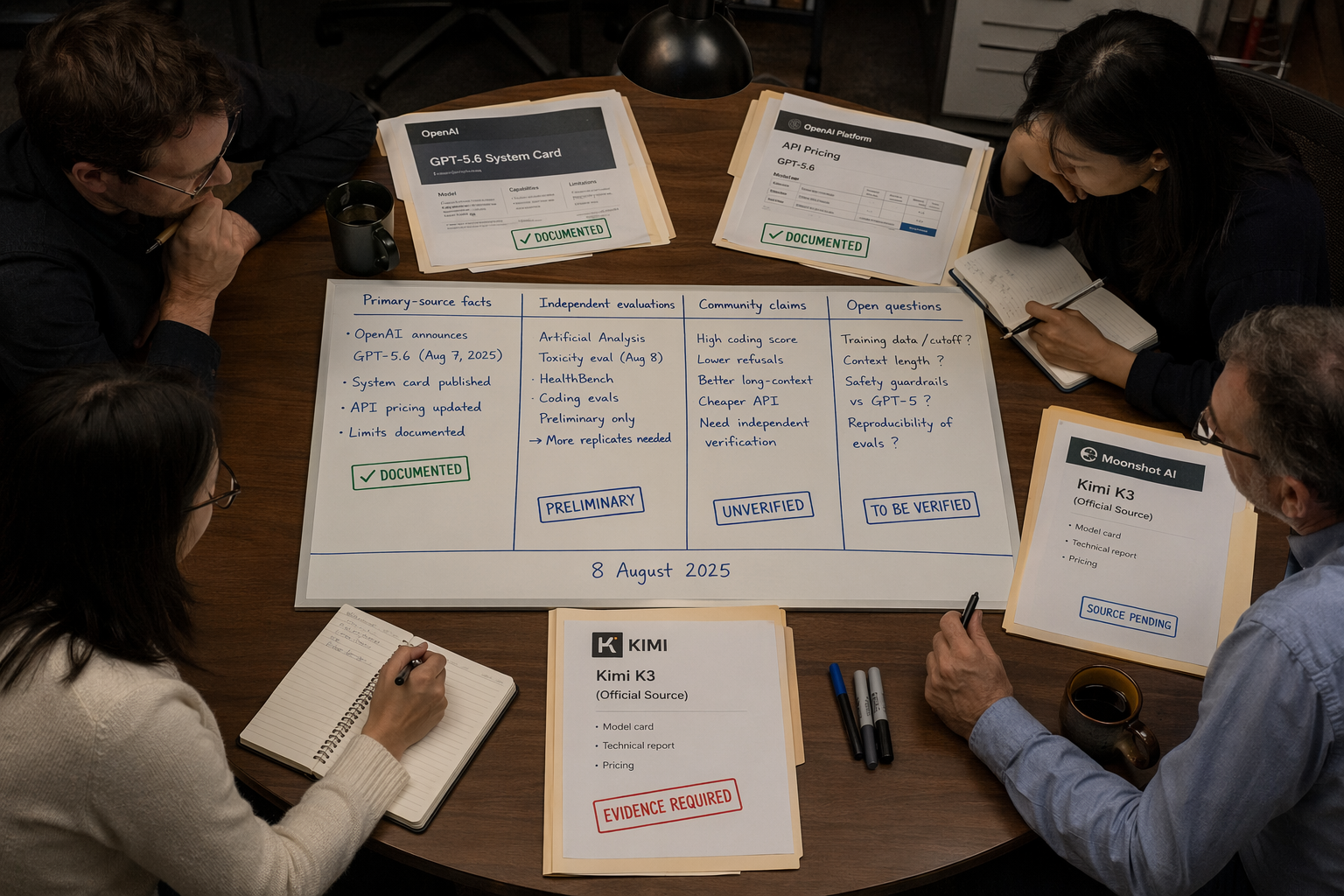 A round expert-review table viewed from above, featuring an OpenAI announcement printout, an OpenAI Deployment Safety Hub