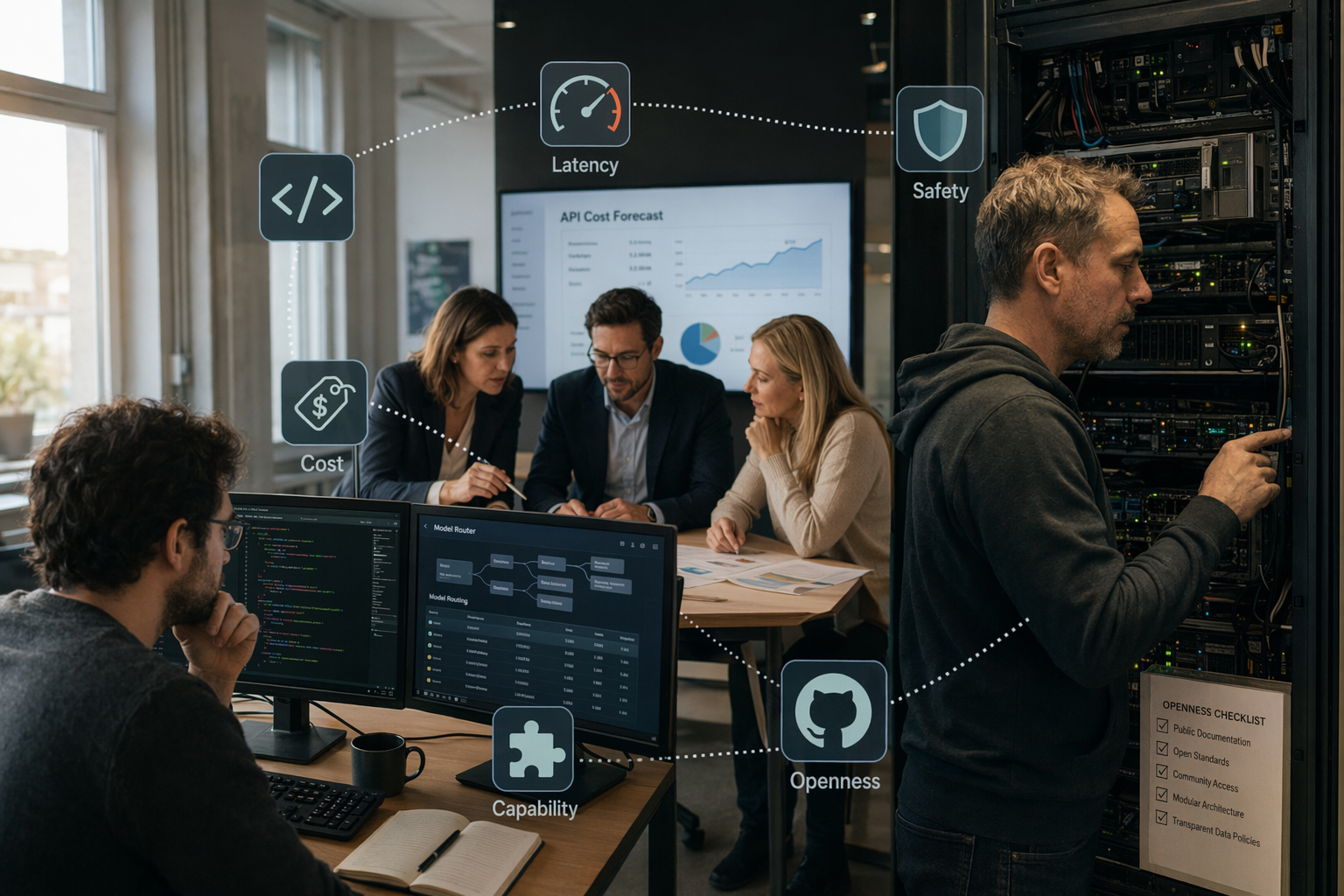 A wide newsroom-style technology strategy scene with three distinct work areas: a developer debugging code beside a