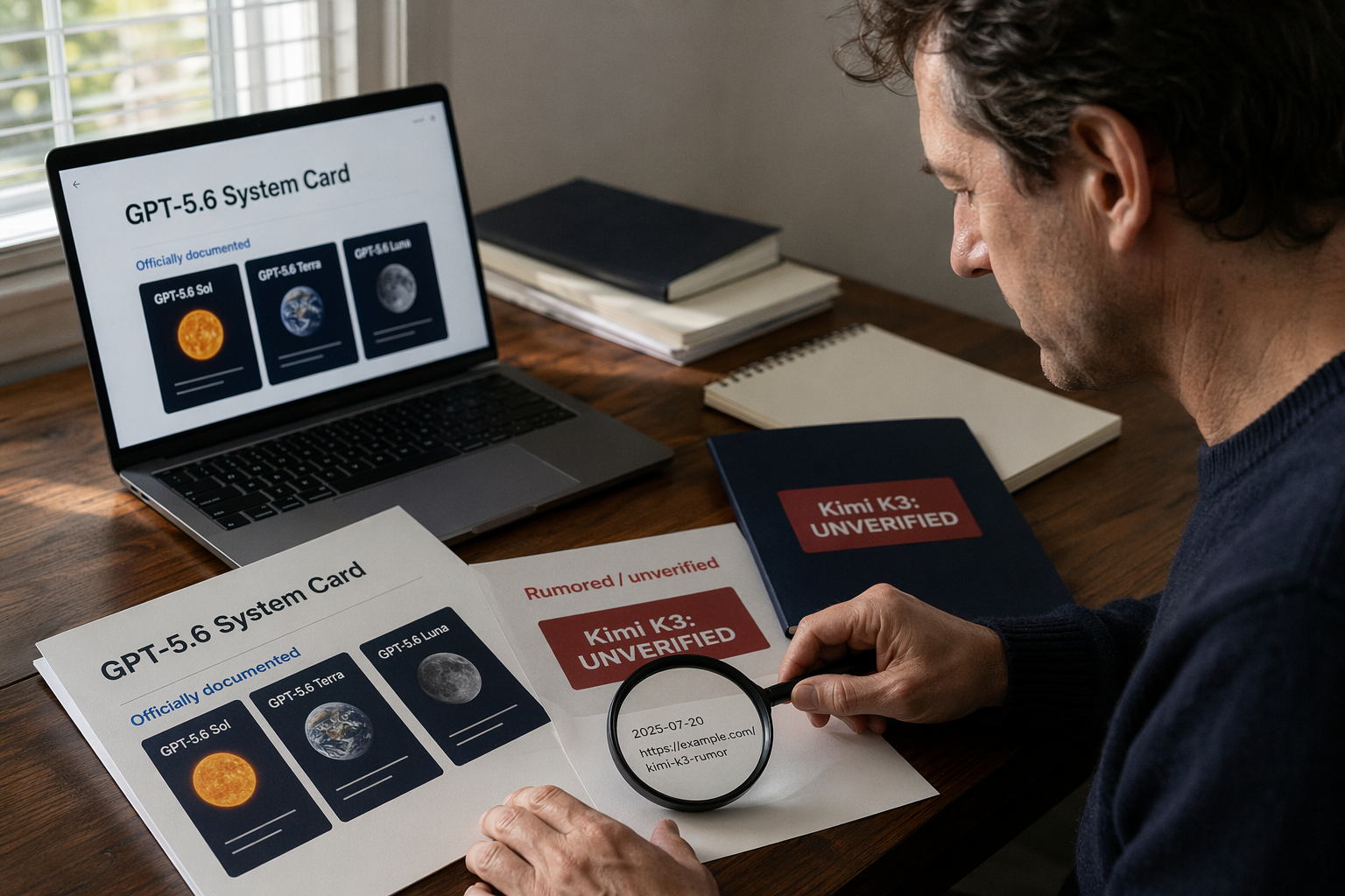 An editorial fact-checking desk with an open laptop showing official OpenAI product pages, a printed GPT-5.6 system card,