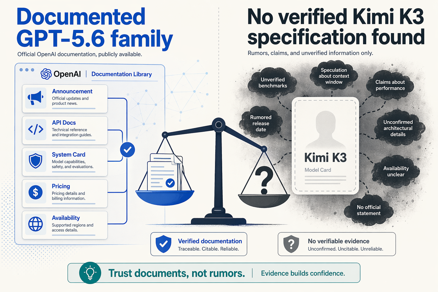 A split editorial illustration explaining evidence quality: the left side shows a structured OpenAI documentation library