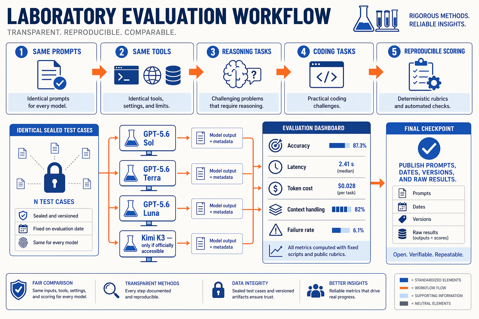 A research laboratory evaluation workflow displayed as five connected stations: Same prompts, Same tools, Reasoning tasks,