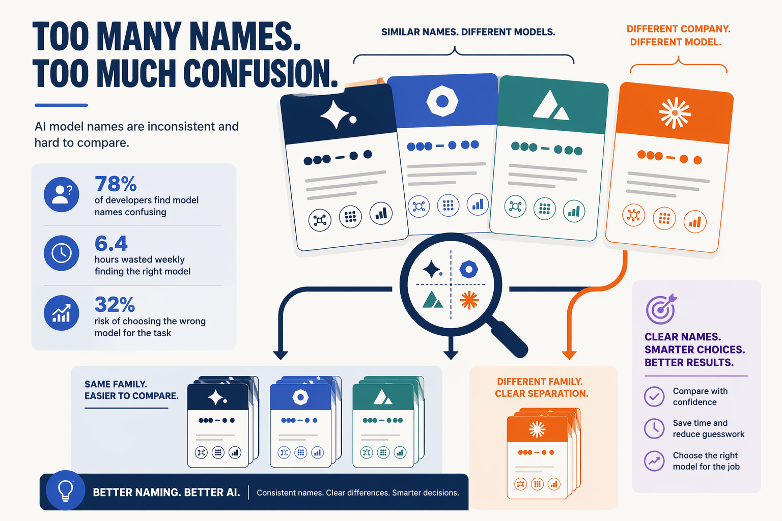 A split-screen educational diagram styled like a model family tree on a dark navy background