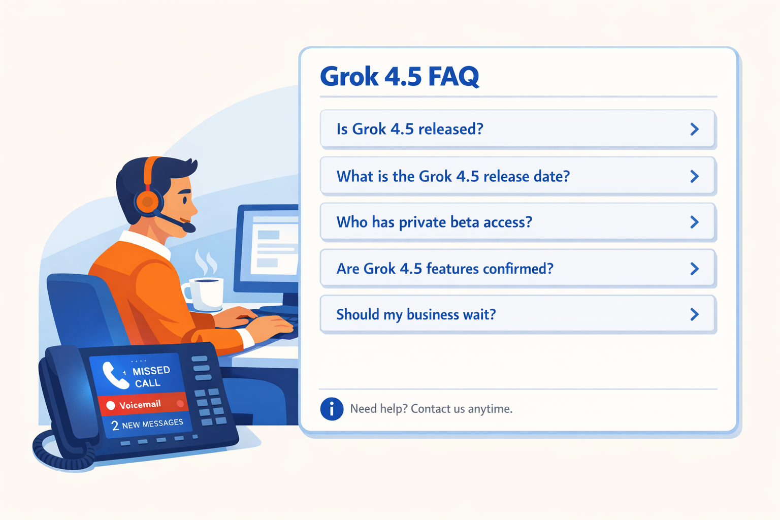 A clean FAQ knowledge-base scene with a support specialist at a desk, a glowing phone console, and a large screen displaying