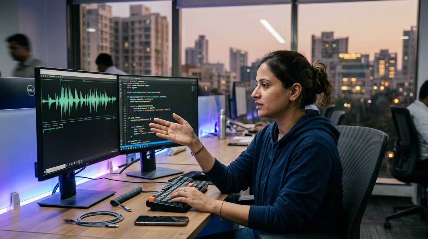 A modern office setting in Mumbai at dusk where a developer is gesturing while testing a voice system