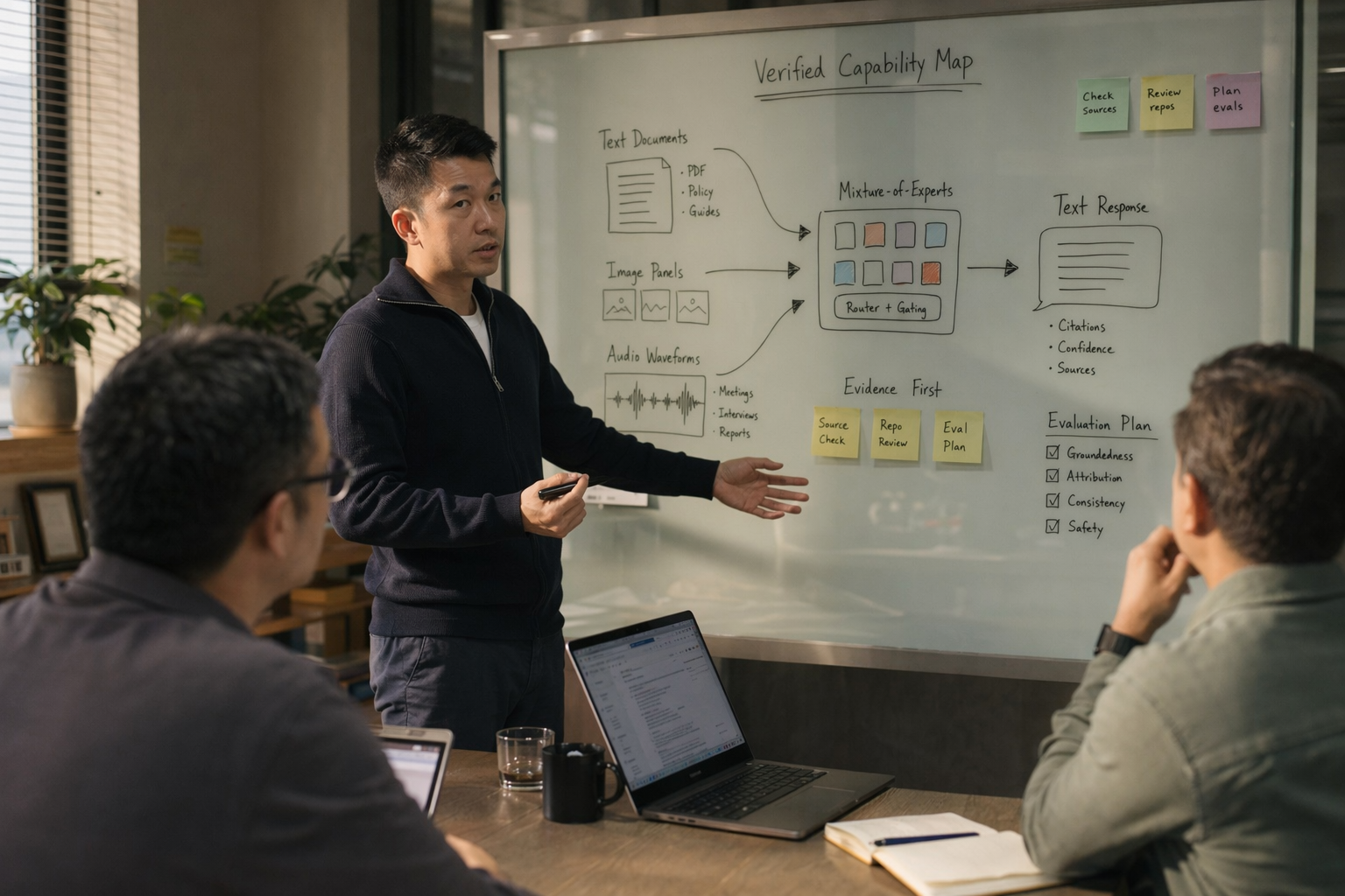 A developer-researcher stands beside a glass whiteboard in a quiet AI lab, explaining a verified capability map to a small