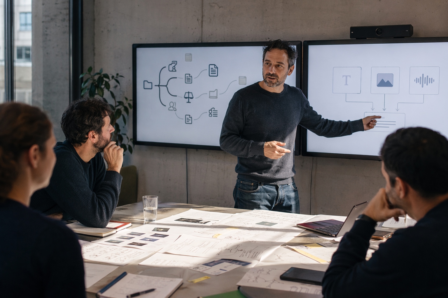 A technical lead leads a cross-functional planning session around a large table scattered with architecture sketches,