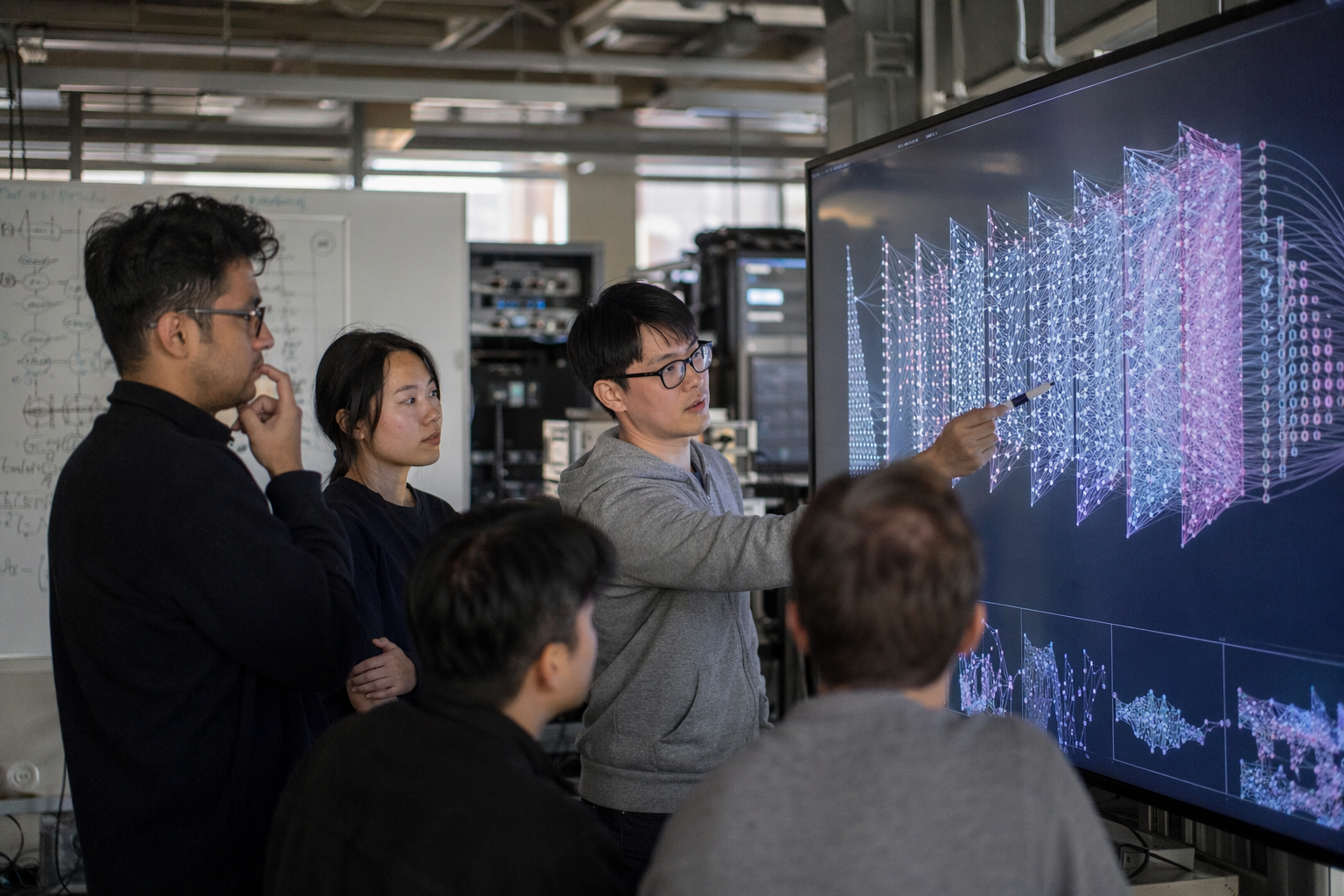 A modern AI research lab on July 15, 2026, with a diverse team gathered around a large central display showing an abstract