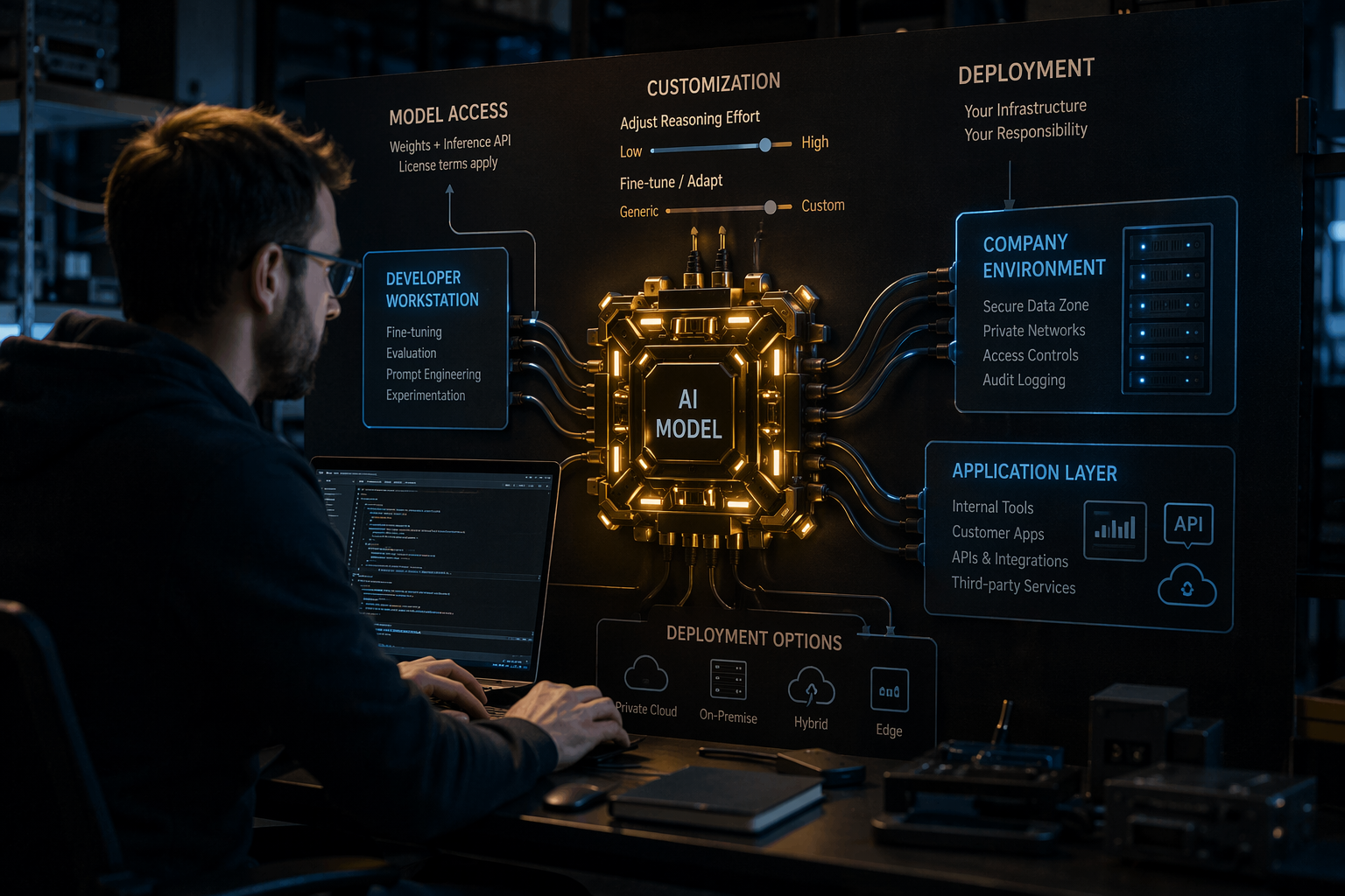 A conceptual split-scene showing an AI model represented as a glowing modular engine at the center, with one side connected