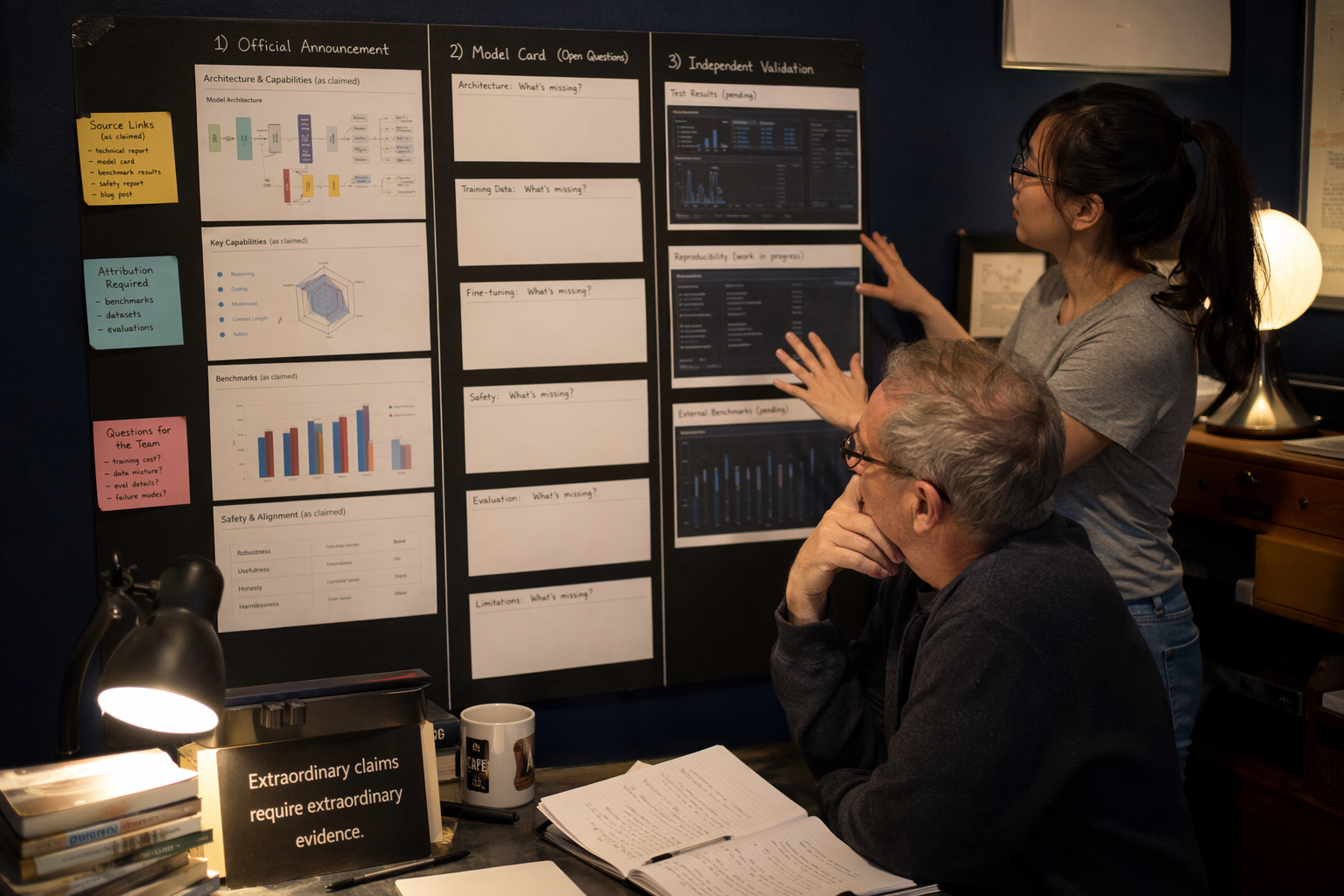 A newsroom-style analysis scene with a senior technology editor and an ML engineer reviewing a large evidence board divided