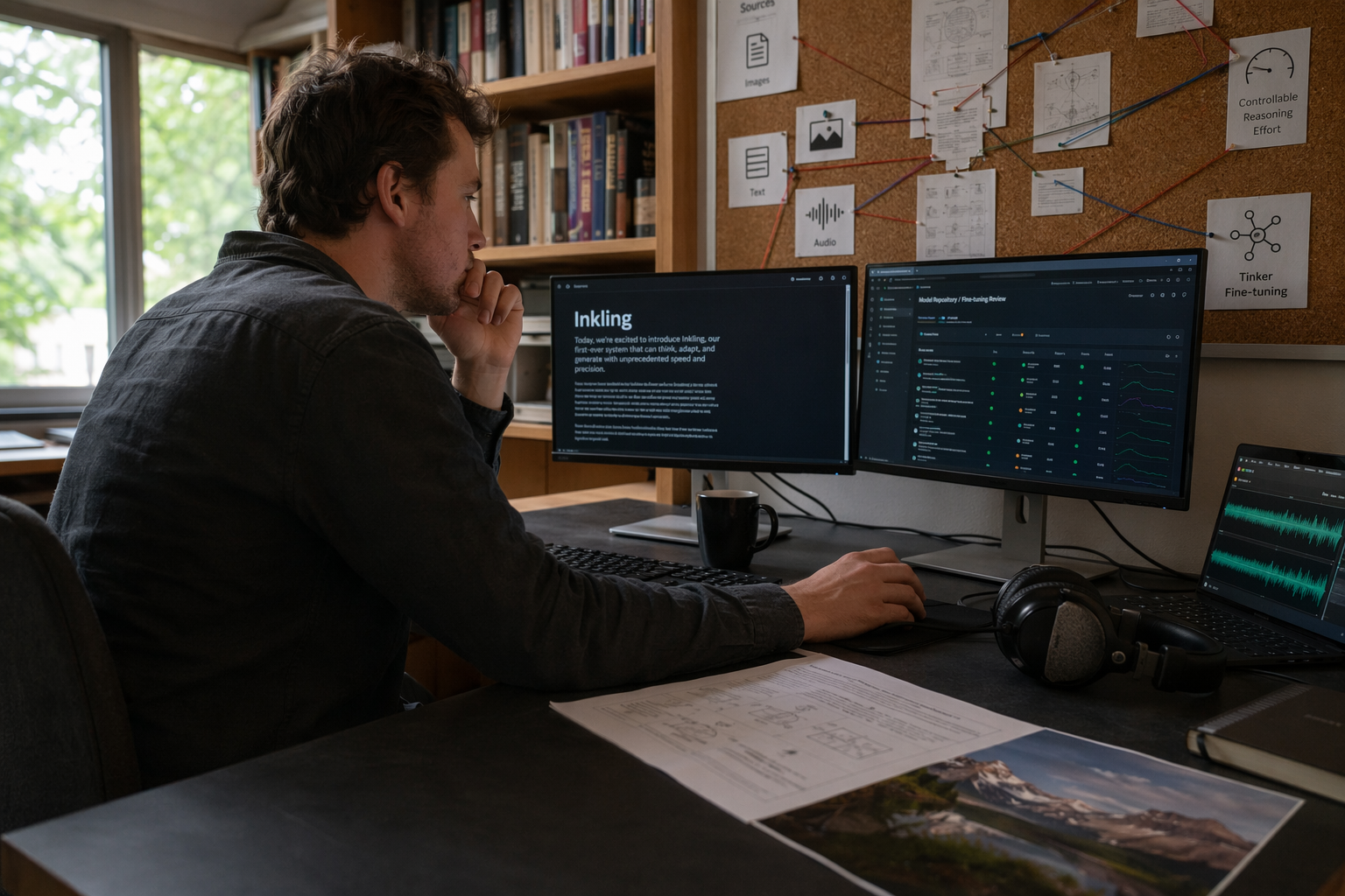 An AI engineer in a library-like technical workspace compares a public model announcement on one screen with a model