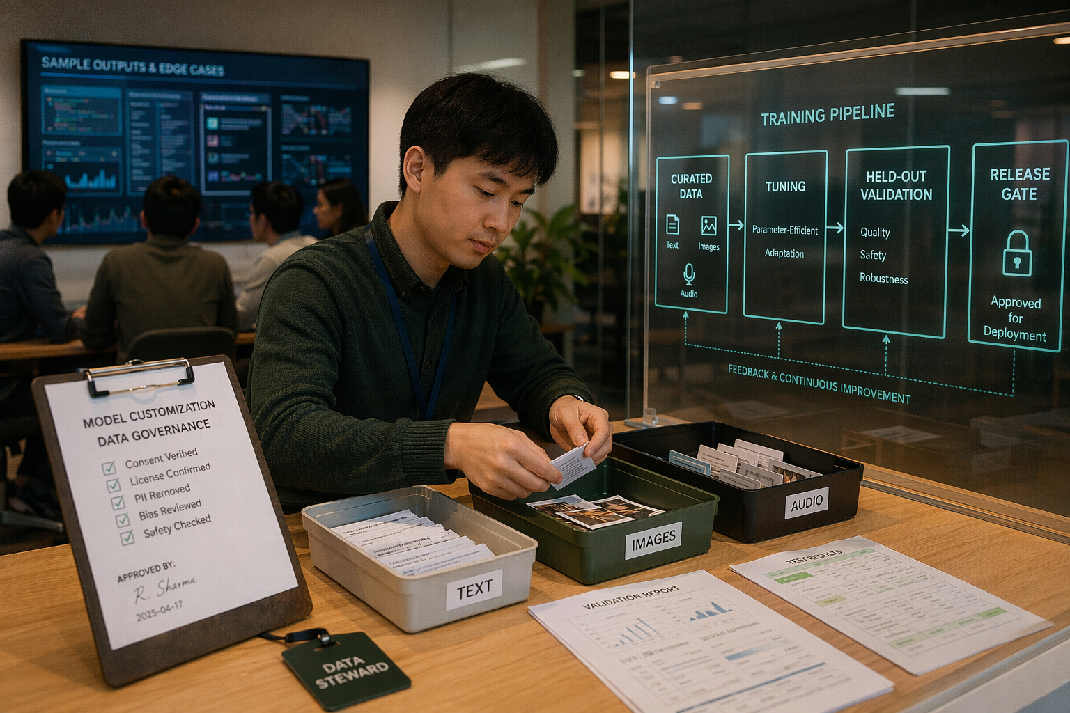 A machine-learning practitioner works at a long desk beside a transparent training pipeline display, carefully organizing