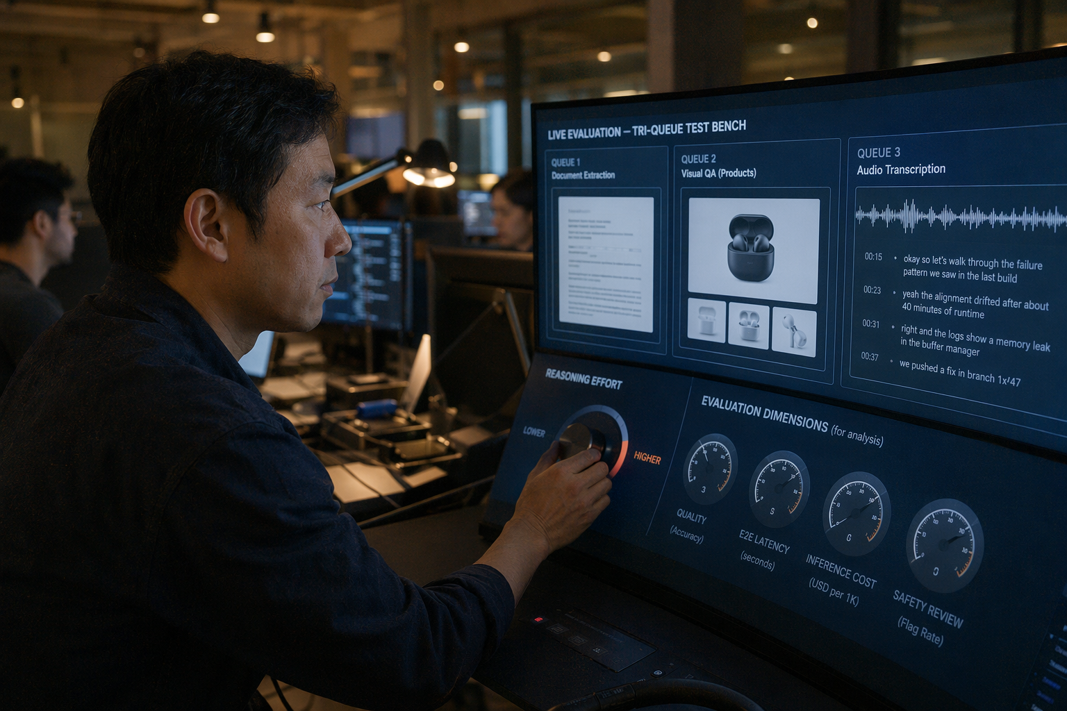A product engineer reviews a live test bench with three distinct task queues projected across a curved display: routine