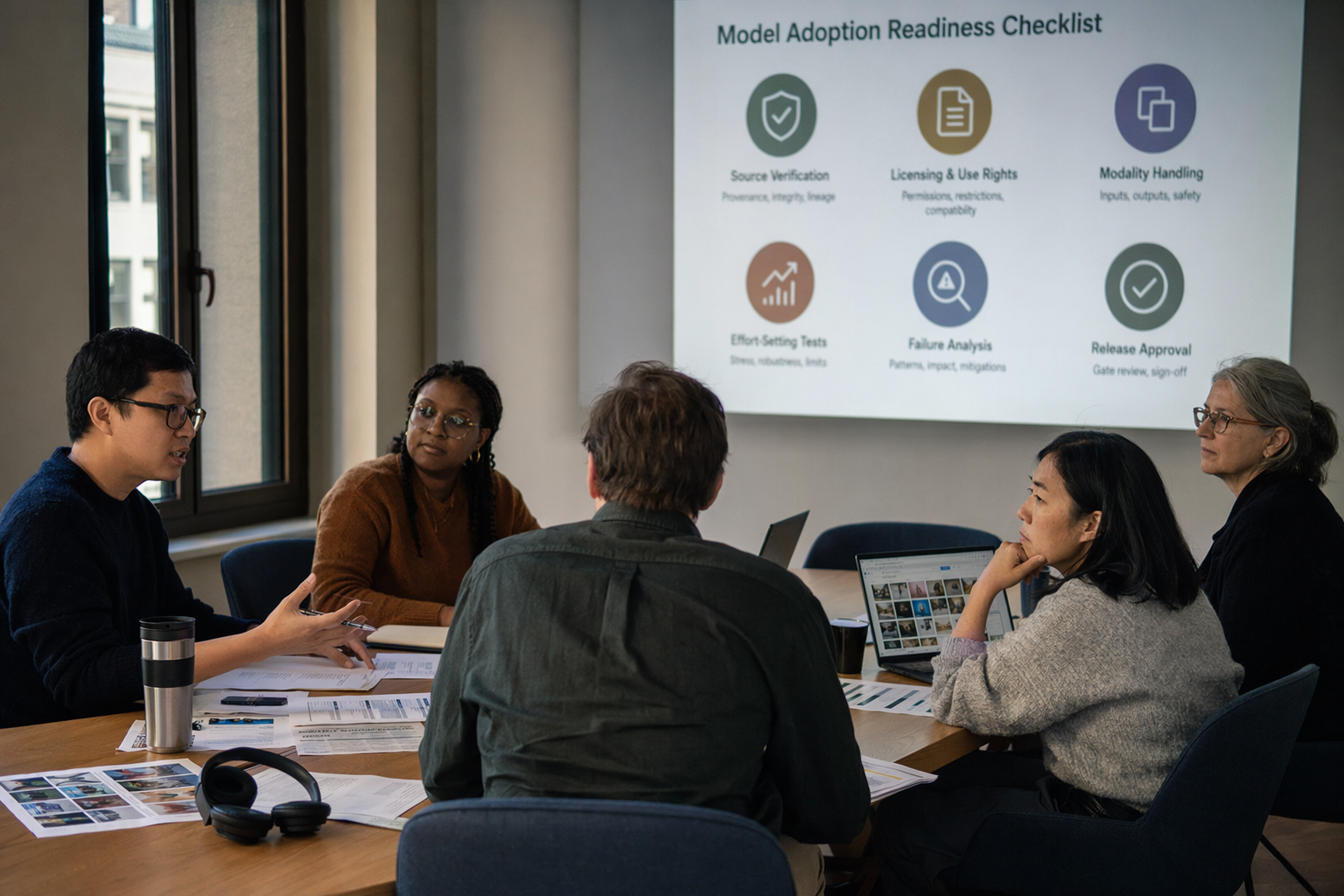 A roundtable of diverse AI specialists—an ML engineer, security reviewer, product manager, data curator, and legal