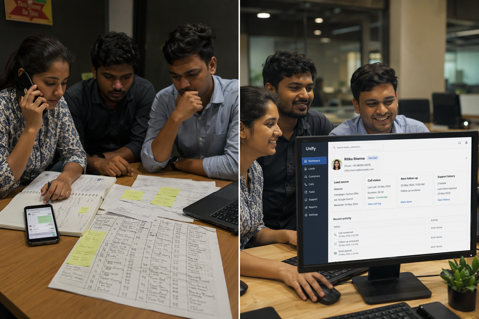 A split-screen business impact scene showing two contrasting but positive workflows in an Indian company