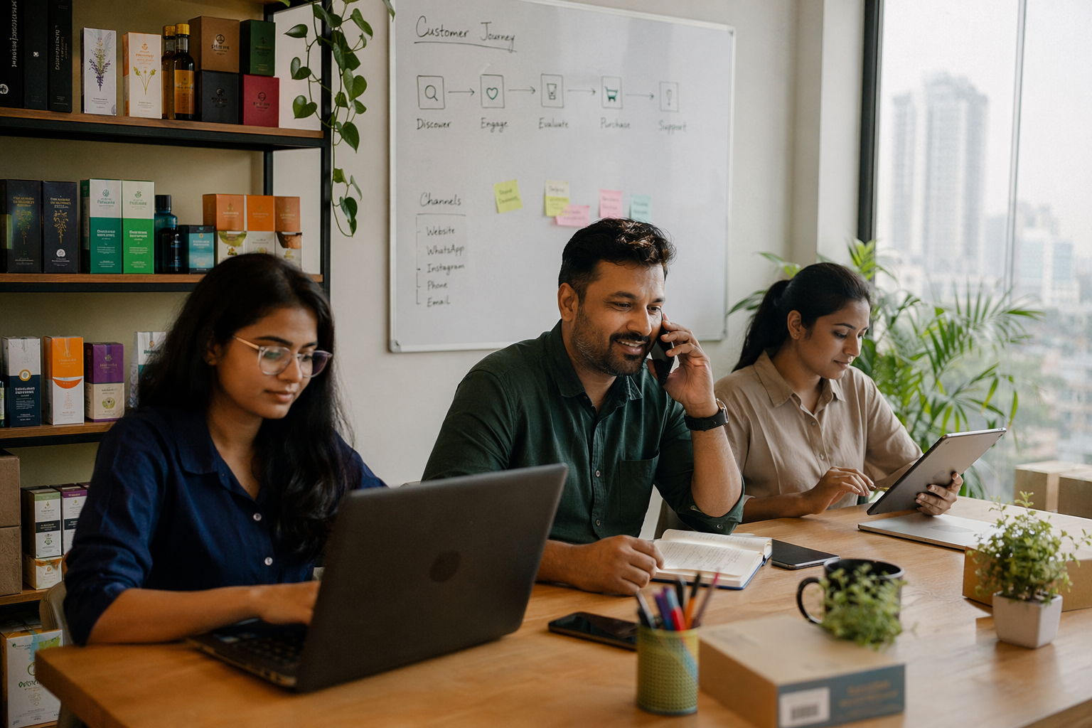 A welcoming scene inside a growing Indian SMB office where a sales manager answers a phone call, another team member replies