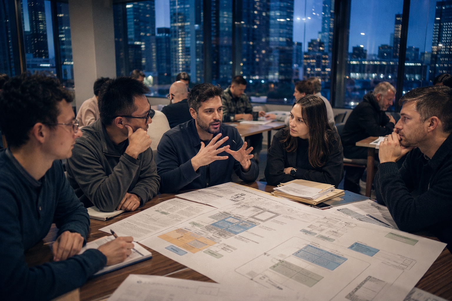 A global open-model developer meetup at dusk, with researchers, infrastructure engineers, startup founders, and policy