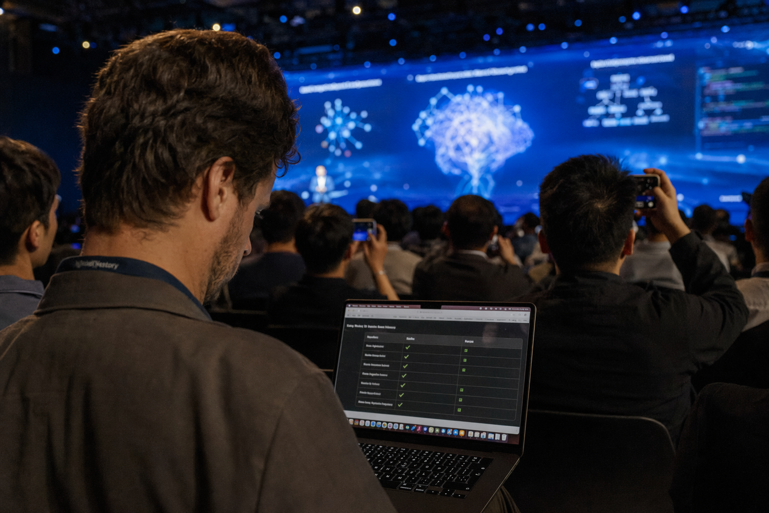 A documentary-style scene inside a packed international AI conference hall, with a Moonshot AI presentation glowing on a