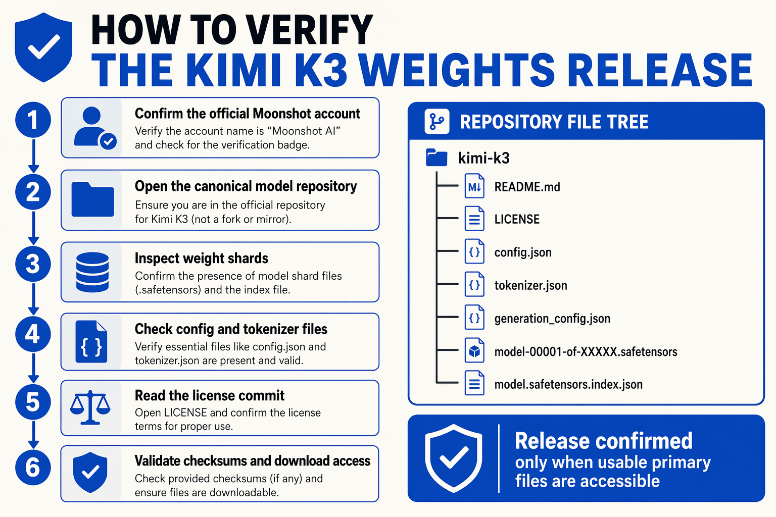 Build a detailed repository-verification flowchart titled HOW TO VERIFY THE KIMI K3 WEIGHTS RELEASE