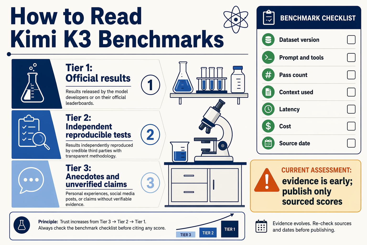 An evidence-review graphic designed like a scientific lab bench, titled How to Read Kimi K3 Benchmarks