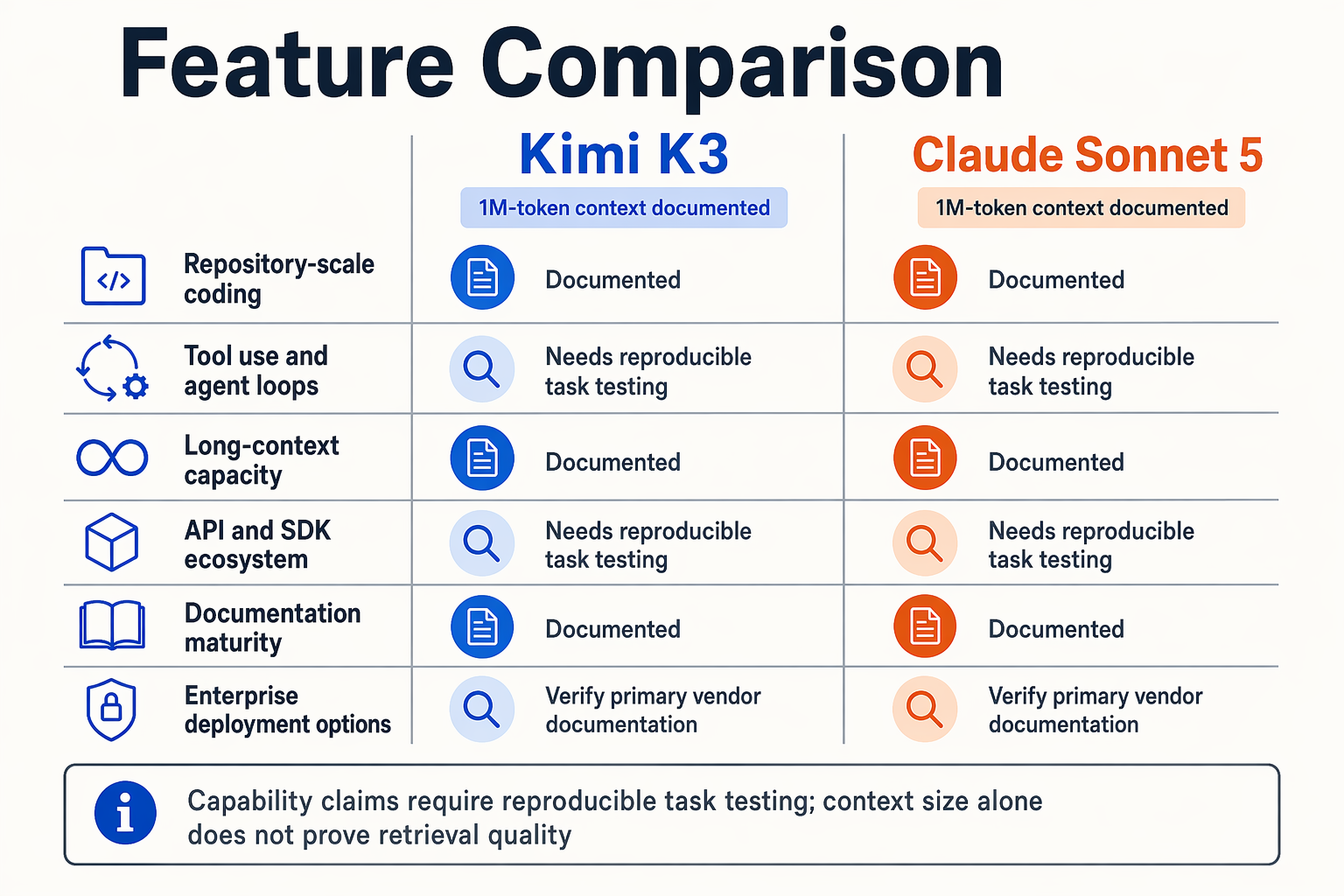 Create a detailed head-to-head feature grid titled Feature Comparison with two vertical columns labeled Kimi K3 and Claude
