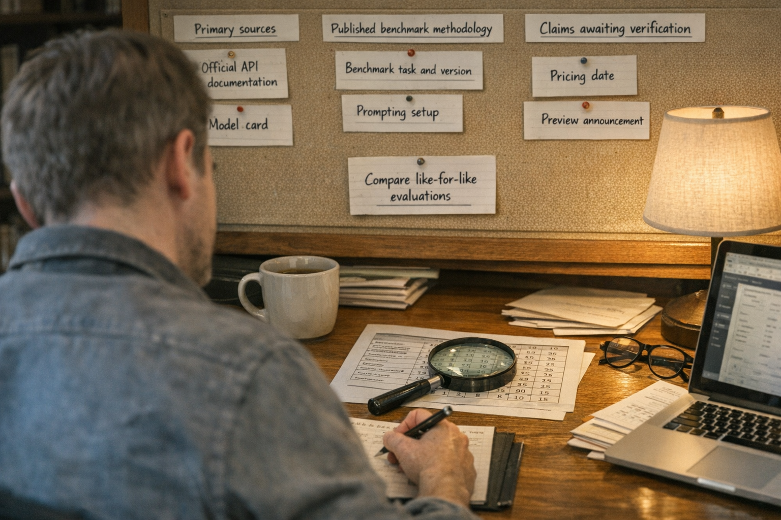 An investigative AI analyst’s desk in a quiet library-like research office, illuminated by a soft desk lamp and wall-sized