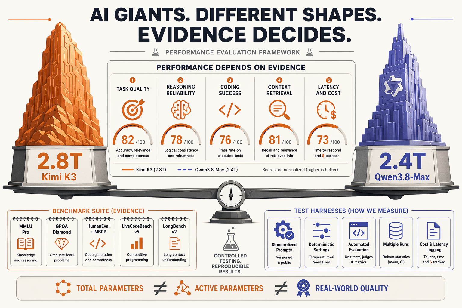 A conceptual performance-evaluation infographic showing two monumental but differently shaped AI engine sculptures labeled