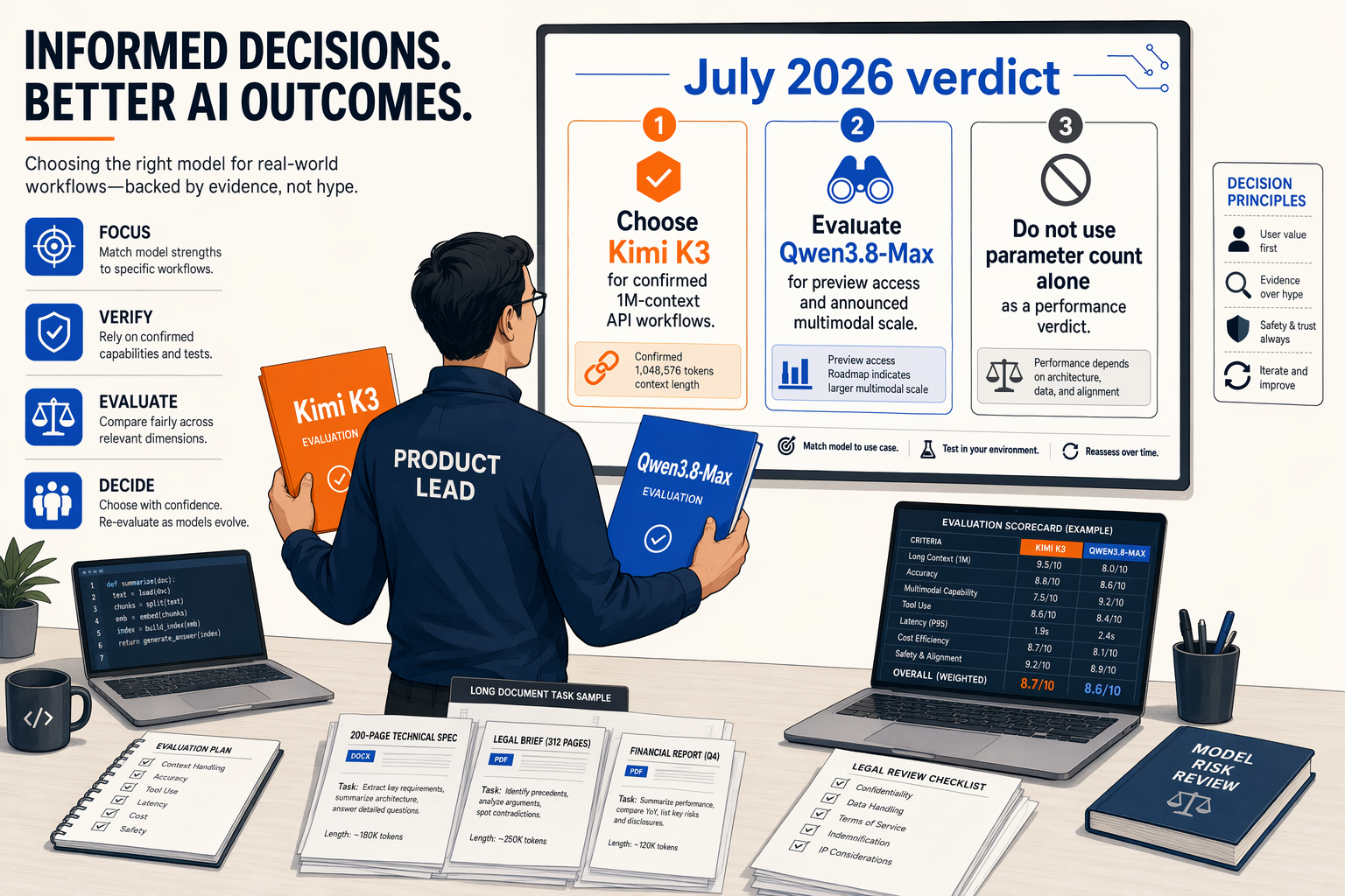 An editorial decision scene inside a modern AI product studio: a product lead holds two clearly separated evaluation