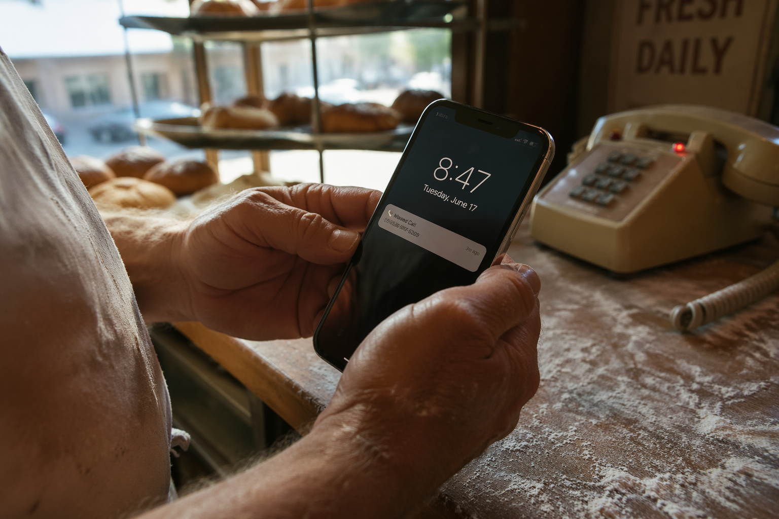 A close-up documentary-style photo of a local bakery owner’s hands holding a smartphone with a glowing lock-screen