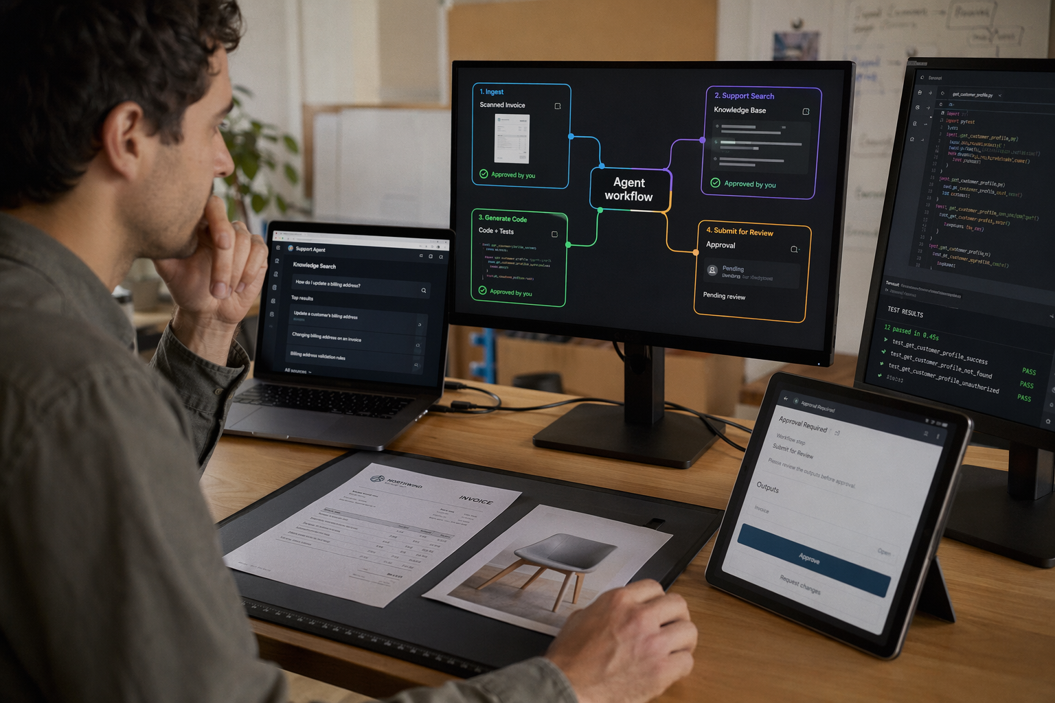 An expansive collaborative workspace showing one AI workflow represented across several physical stations: a scanned invoice