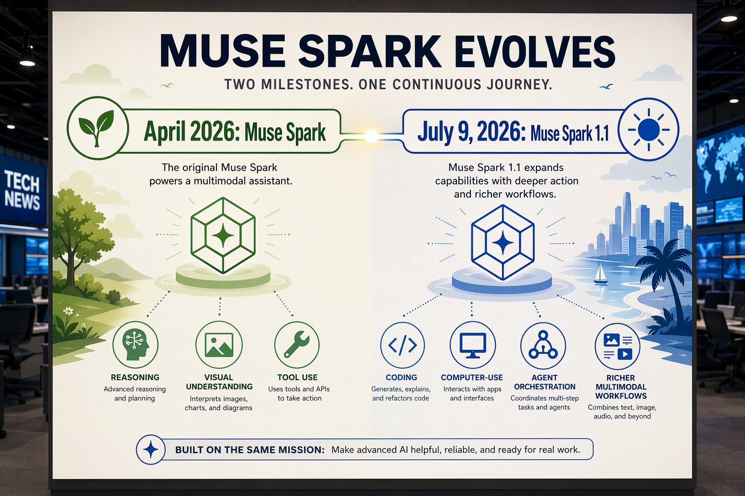 A split-scene timeline illustration presented as a physical wall display in a technology newsroom