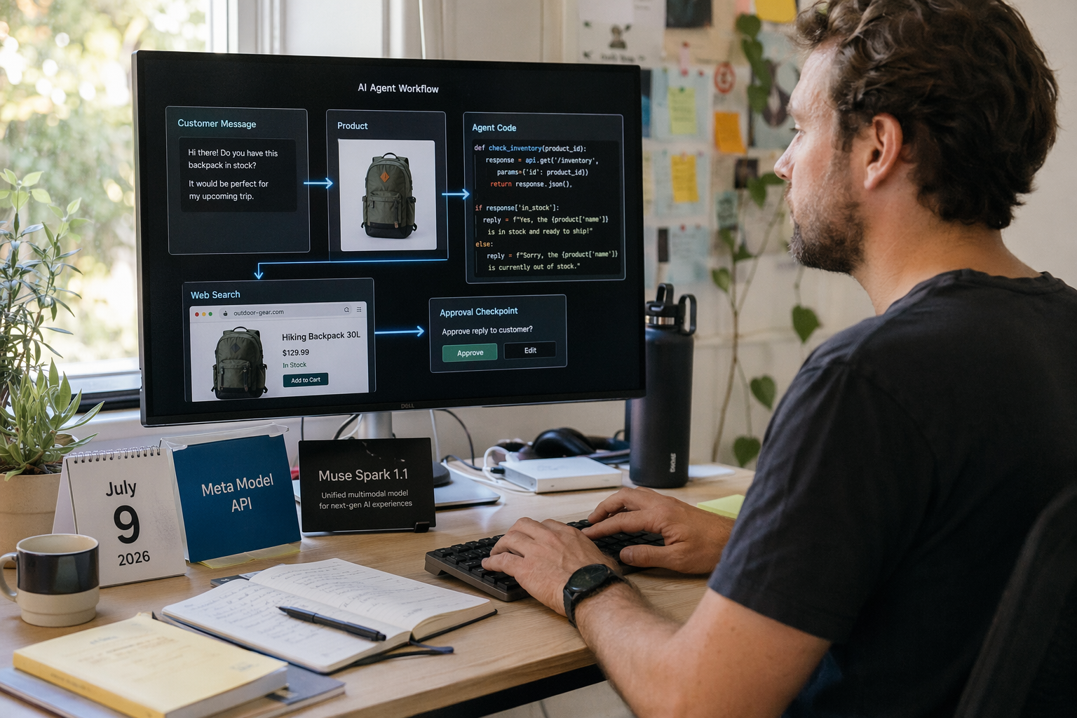 A focused product-introduction scene showing a developer at a compact workstation building an AI agent workflow on a large
