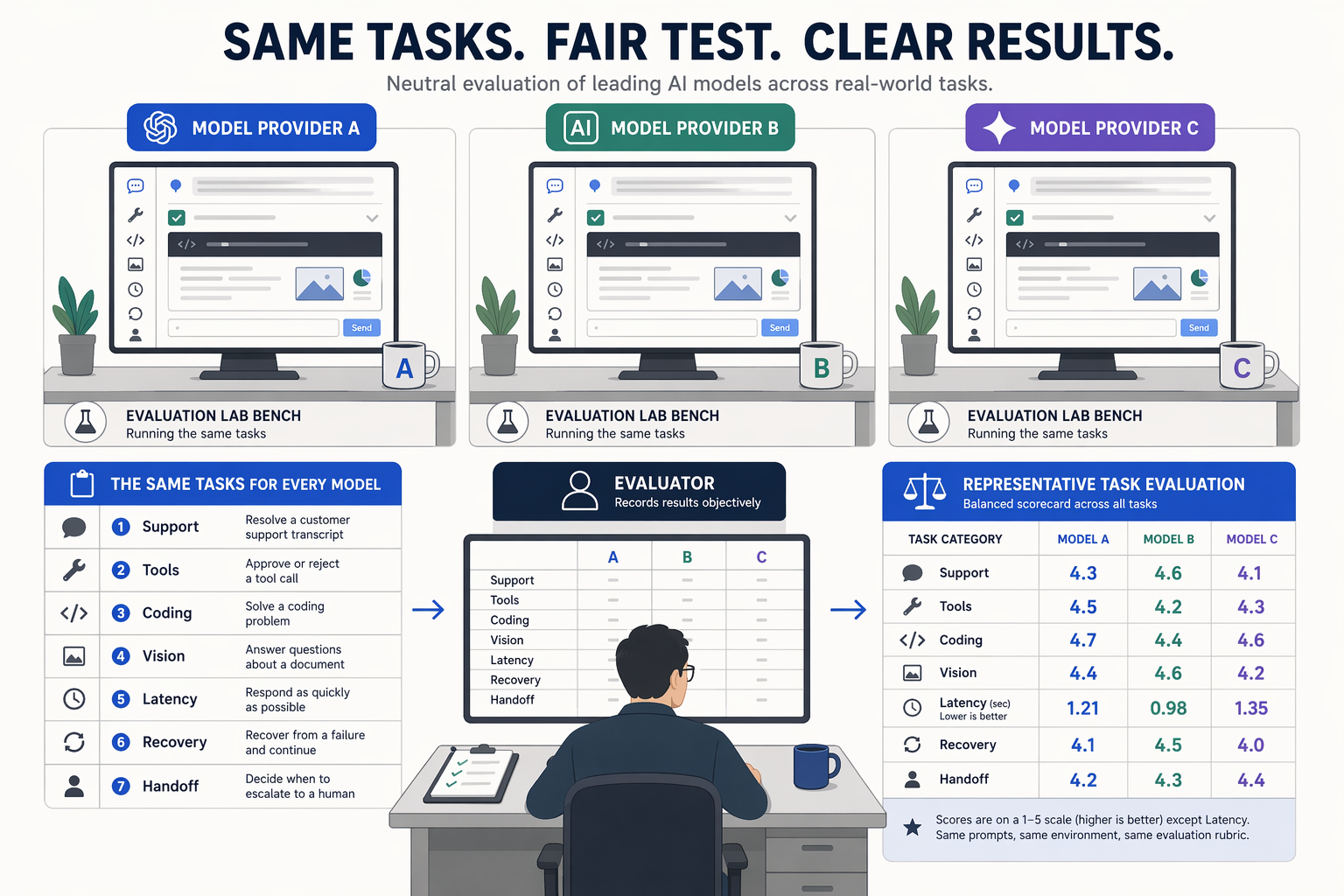 A neutral evaluation lab with three identical workbenches representing different AI model providers, each running the same
