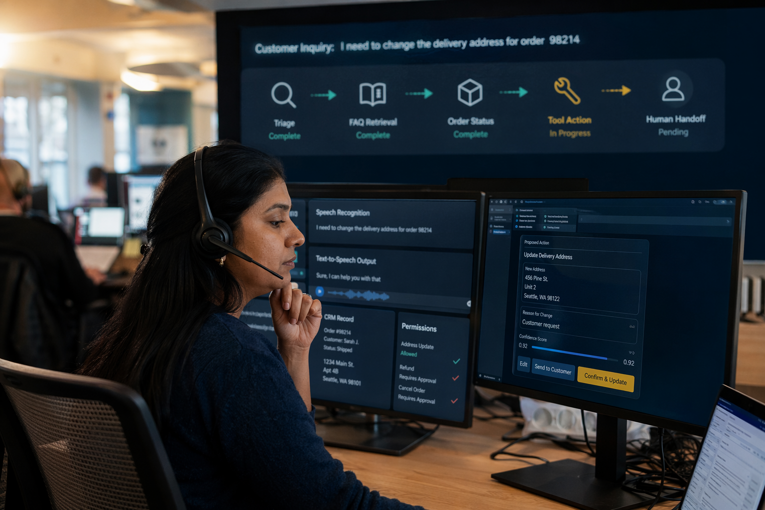 A practical customer-service operations floor with a support agent supervising an AI-assisted call workflow